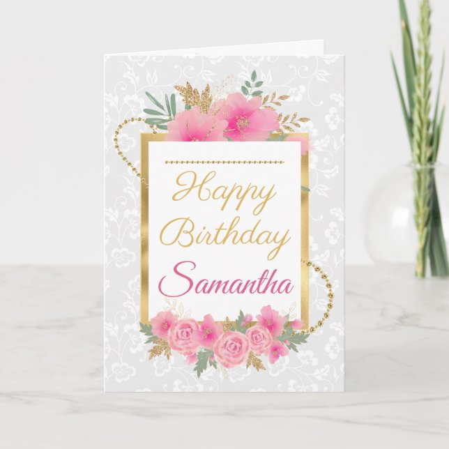 Tarjeta Flores de Calabaza Rosa Papel de Oro Cumpleaños (Anverso)