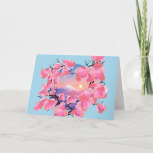 Tarjeta Flores de cerezo por el Monte Fuji en azul