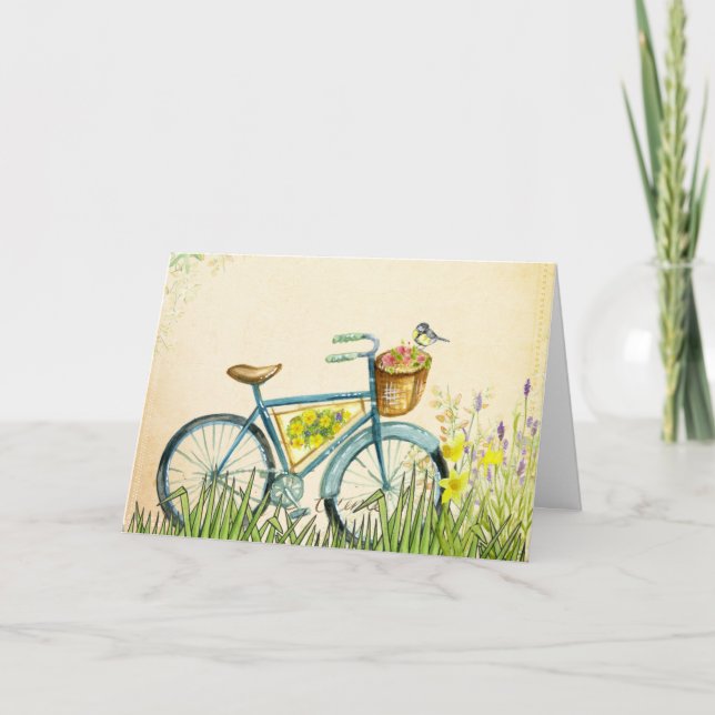 Tarjeta Flores de cesta azul de bicicleta y pájaro amarill (Anverso)