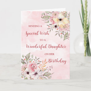 Tarjeta Flores de color de agua rosada Cumpleaños de la hi