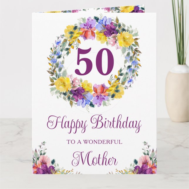 Tarjeta Flores de cumpleaños de acuarela púrpura y amarill (Anverso)