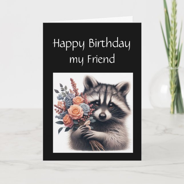 Tarjeta Flores de cumpleaños de amigo de Fun Raccoon (Anverso)