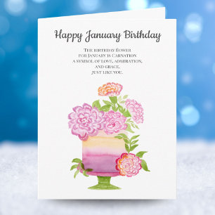 Tarjeta Flores de Cumpleaños de Clavel de Enero en Torta