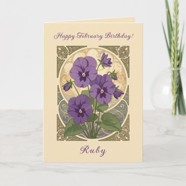 Tarjeta Flores de cumpleaños de febrero Viola estilo Art N (Anverso)