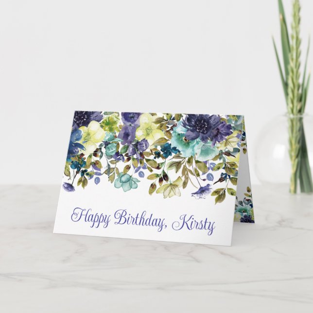 Tarjeta Flores de cumpleaños de invierno en acuarela azul  (Anverso)
