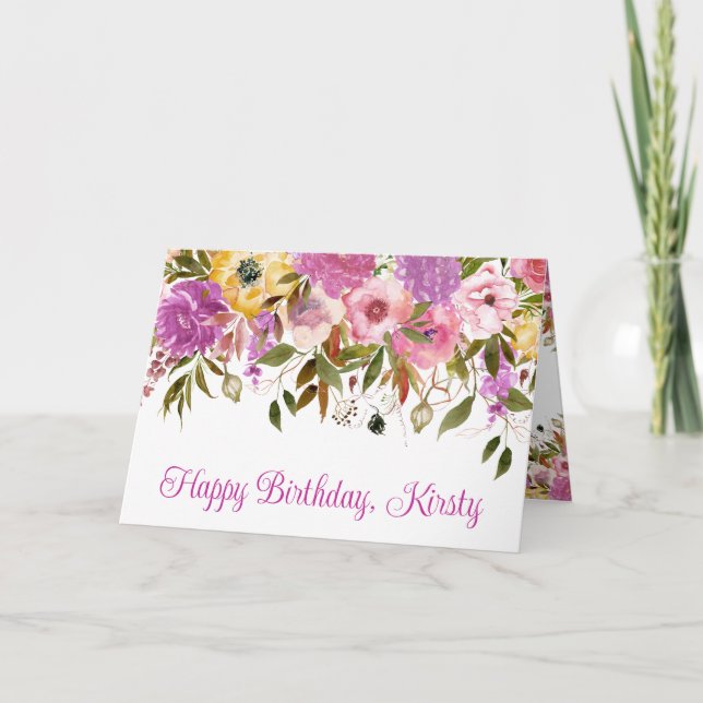 Tarjeta Flores de cumpleaños de primavera rosadas y amaril (Anverso)