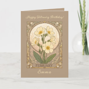 Tarjeta Flores de cumpleaños de prímula febrero Art Nouvea