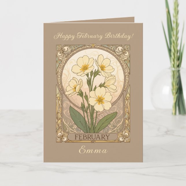 Tarjeta Flores de cumpleaños de prímula febrero Art Nouvea (Anverso)