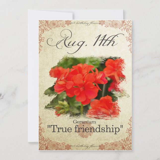 Tarjeta Flores de cumpleaños el 11 de agosto "Geranium" (Anverso)