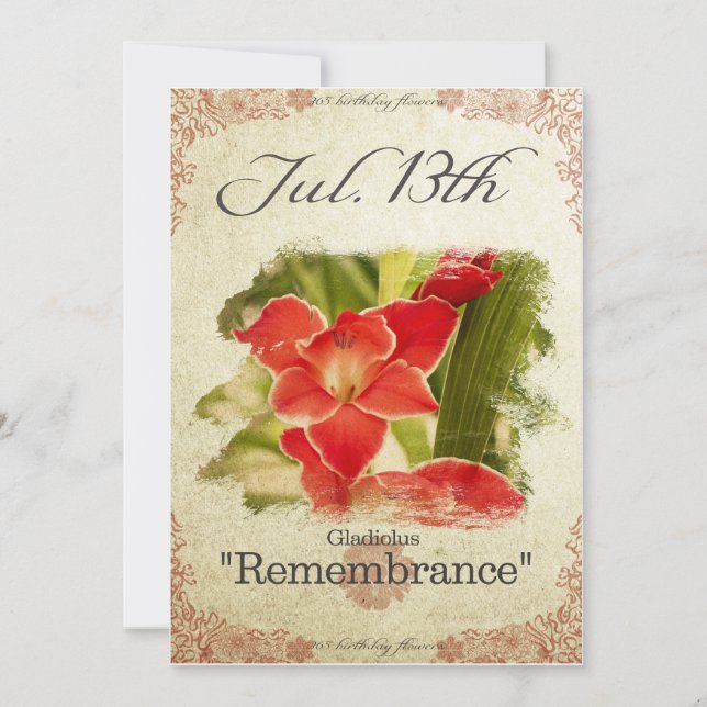 Tarjeta Flores de cumpleaños el 13 de julio "Gladiolus" (Anverso)