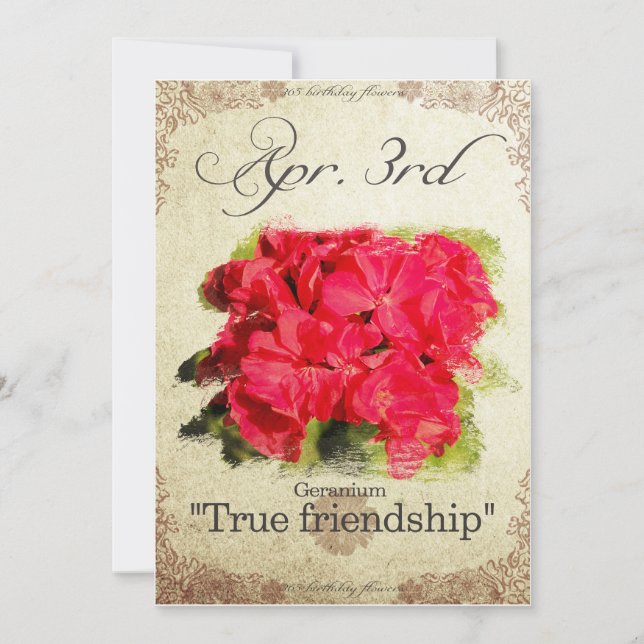 Tarjeta Flores de cumpleaños el 3 de abril "Geranium" (Anverso)