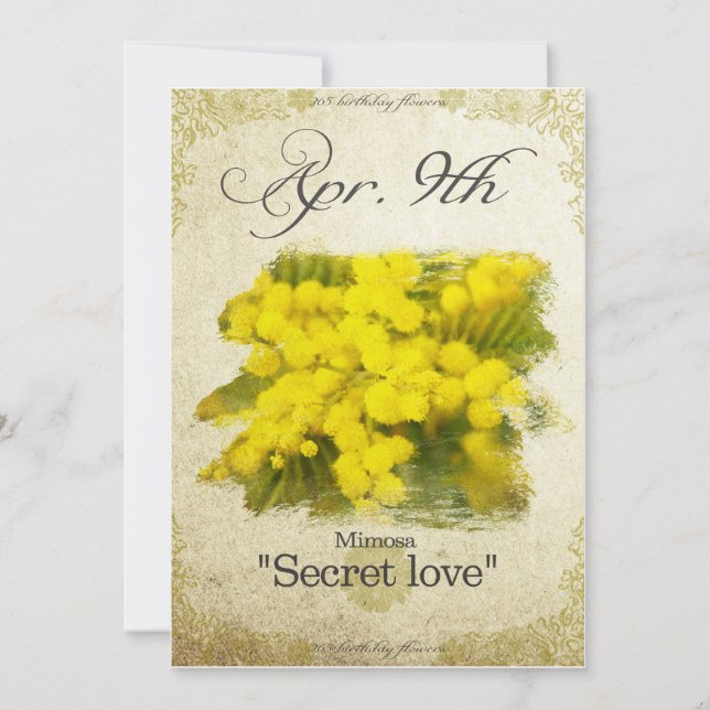 Tarjeta Flores de cumpleaños el 9 de abril "Mimosa" (Anverso)
