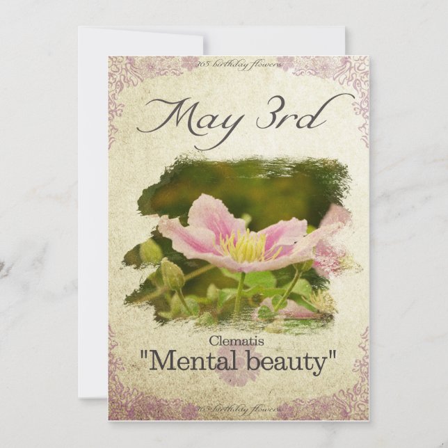 Tarjeta Flores de cumpleaños en "Clematis" el 3 de mayo (Anverso)