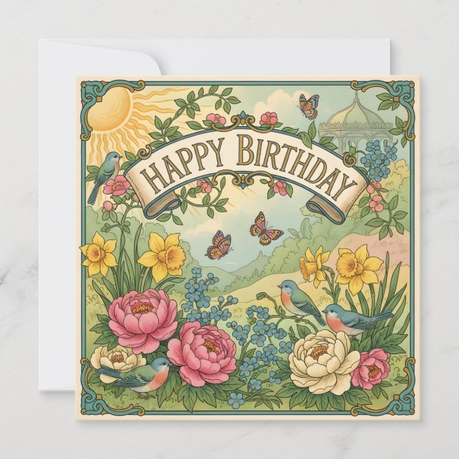 Tarjeta Flores de cumpleaños, pájaros y mariposas (Anverso)