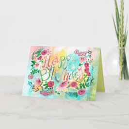 Tarjeta Flores de cumpleaños rosadas y amarillas elegantes