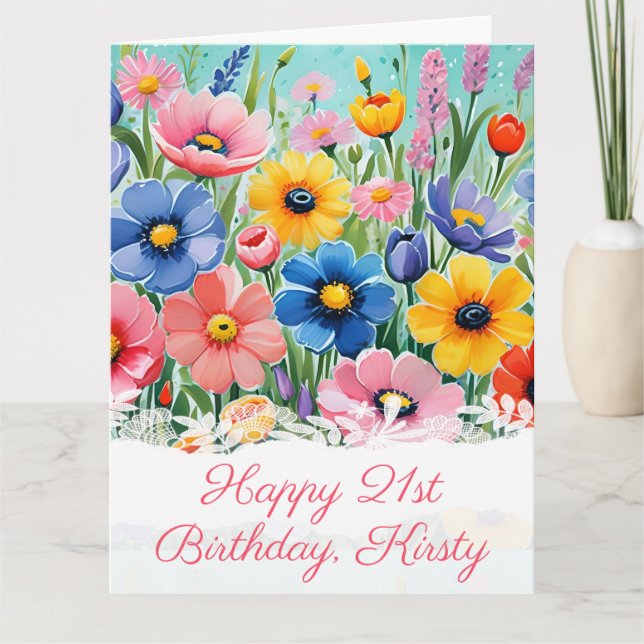 Tarjeta Flores de cumpleaños vibrantes de primavera en acu (Anverso)