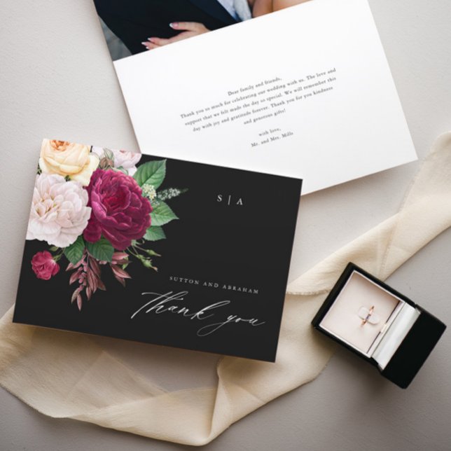 Tarjeta Flores de época boda floral foto gracias (Vintage floral bouquet black wedding photo thank you cards.)