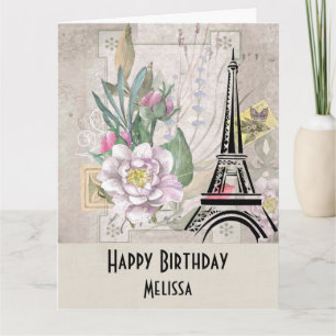 Tarjeta Flores de época, Torre Eiffel y Burlap Cumpleaños