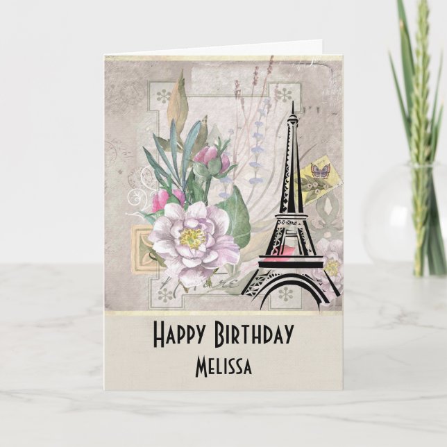Tarjeta Flores de época, Torre Eiffel y Burlap Cumpleaños (Anverso)