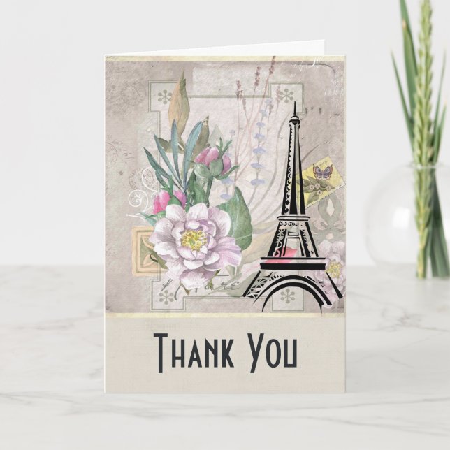 Tarjeta Flores de época, Torre Eiffel y Burlap Gracias (Anverso)