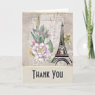 Tarjeta Flores de época, Torre Eiffel y Burlap Gracias