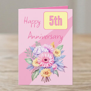 Tarjeta flores de gerbera de 5º aniversario rosadas