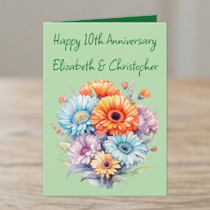 Tarjeta flores de gerbera de aniversario número 10 verdes