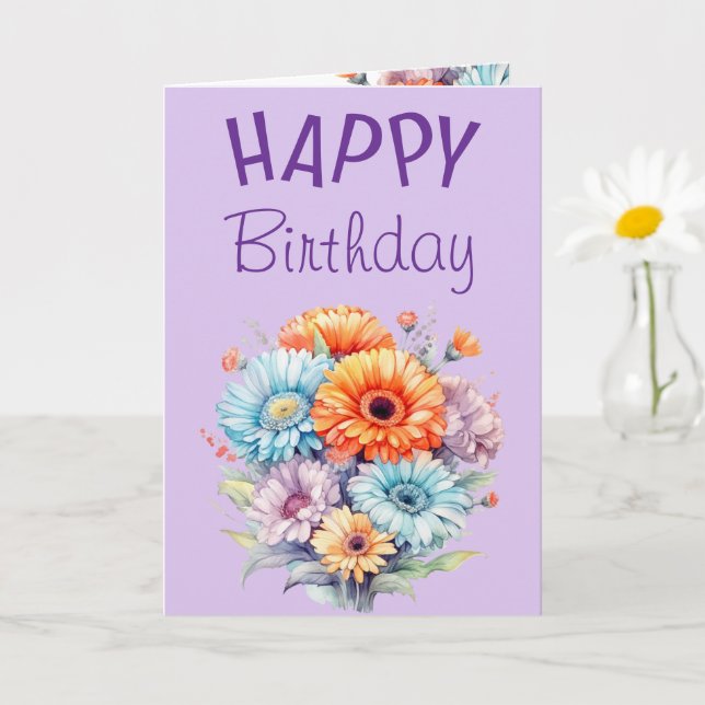 Tarjeta Flores de gerbera feliz cumpleaños en blanco morad (Planta pequeña)