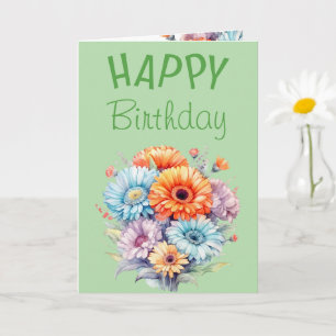 Tarjeta Flores de gerbera feliz cumpleaños en blanco verde