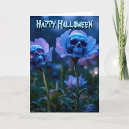 Tarjeta Flores de Halloween con el cráneo azul brillante