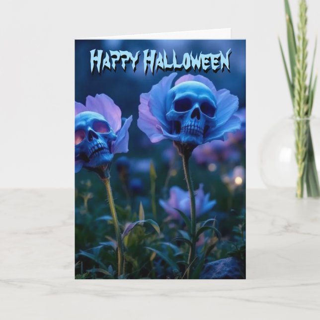 Tarjeta Flores de Halloween con el cráneo azul brillante (Anverso)
