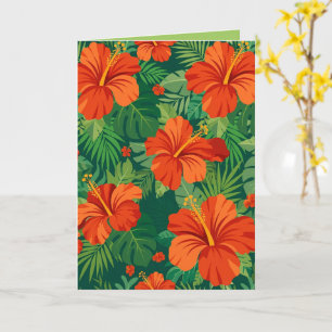 Tarjeta Flores de Hibisco Rojo Naranja Verde Follaje de la