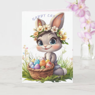 Tarjeta Flores de huevos de cesta de conejo de Pascua