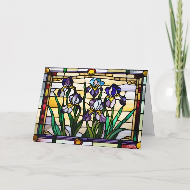 Tarjeta Flores de Iris Púrpura Vidrio Pintado (Anverso)