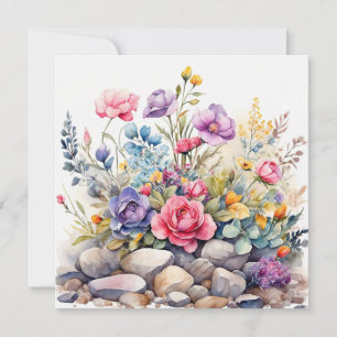 Tarjeta Flores de jardín de acuarela sobre las rocas