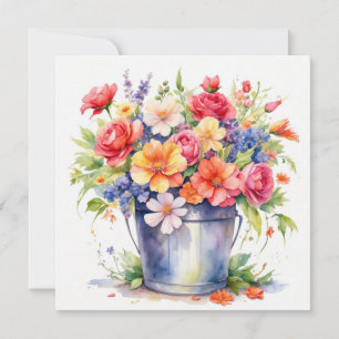 Tarjeta Flores de jardín de verano en acuarela en un cubo