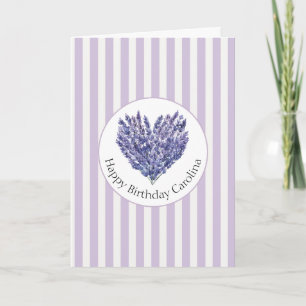 Tarjeta Flores de lavanda rayas de corazón Cumpleaños