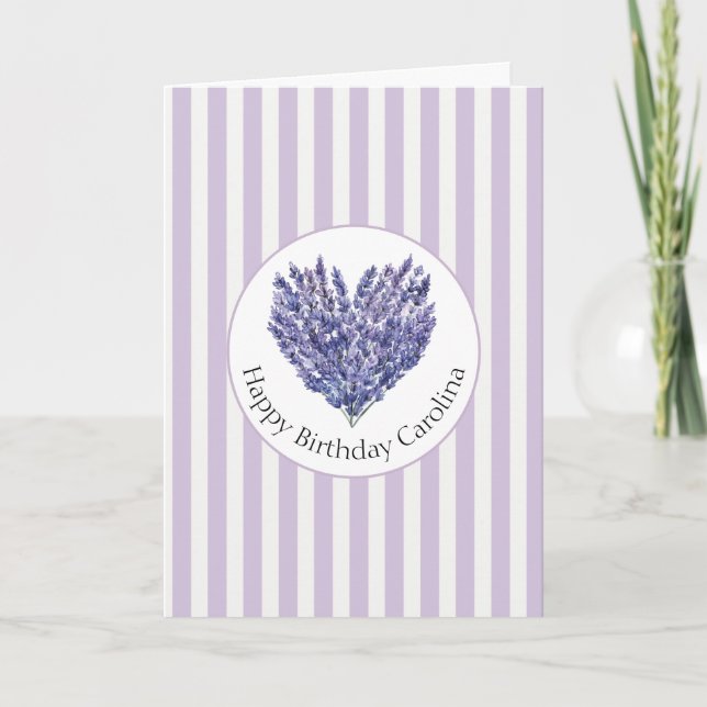 Tarjeta Flores de lavanda rayas de corazón Cumpleaños (Anverso)