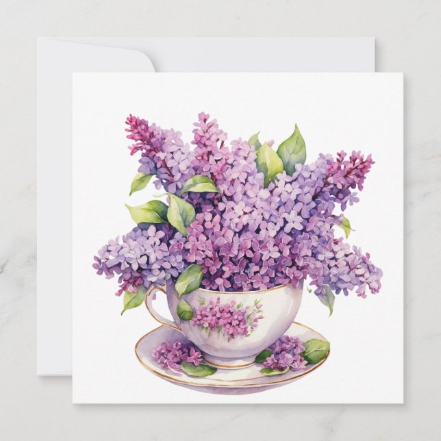 Tarjeta Flores de Lilas Floreciendo en una Taza de Té (Anverso)