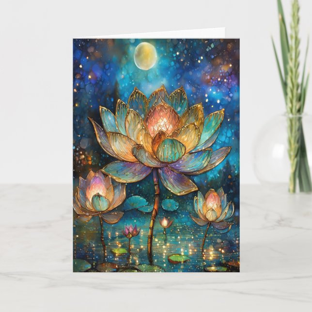 Tarjeta Flores de Lotus de vidrio manchado en la luna (Anverso)