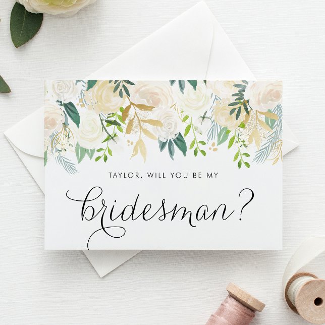 Tarjeta Flores de marfil acuarelas serás mi novia (Floral bridesman proposal card with watercolor ivory flowers, greenery, and faux gold foil accent.)