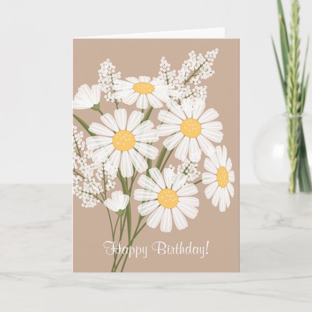 Tarjeta Flores de margarita blanca en beige feliz cumpleañ (Anverso)