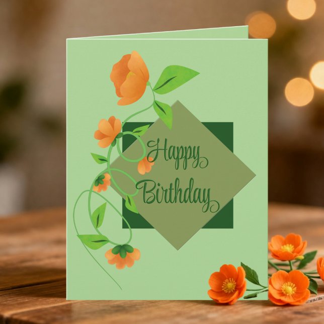Tarjeta Flores de Melocotón en Diamante Verde Cumpleaños (Say it with flowers. Elegant green and peach hand drawn design with custom message inside. )