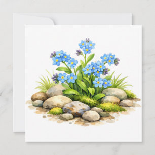 Tarjeta Flores de nomeolvides acuarela junto a las rocas