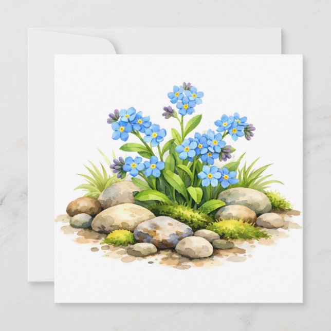 Tarjeta Flores de nomeolvides acuarela junto a las rocas (Anverso)
