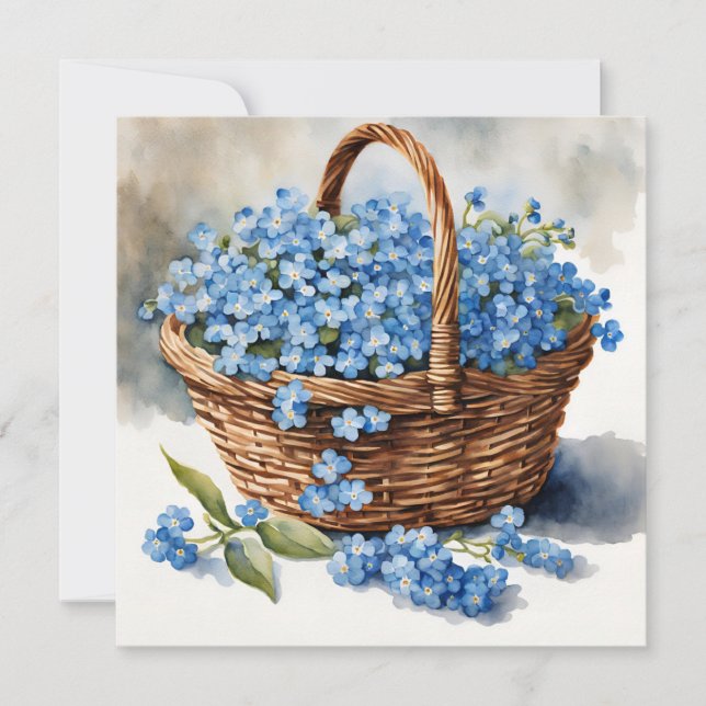 Tarjeta Flores de nomeolvides azules al acuarela en cesta (Anverso)