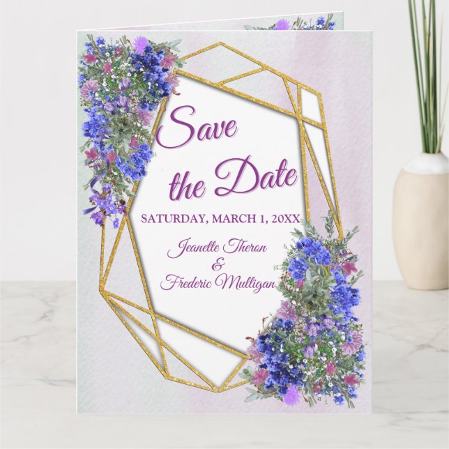Tarjeta Flores de oro y lavanda geométricas salvan la fech (Anverso)