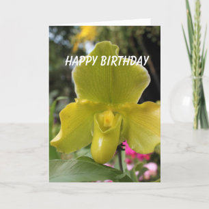 Tarjeta flores de orquídea amarillas verdes feliz cumpleañ