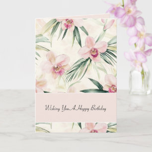 Tarjeta Flores de orquídea rosa con rubor verde cumpleaños