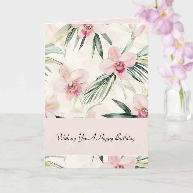 Tarjeta Flores de orquídea rosa con rubor verde cumpleaños (Orquídea)